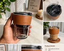 Premium Ribbed Glass Cup with Faux Leather Sleeve | Leakproof Lid | Reusable Drinking Cup with Straw | Elegant Travel Glass Tumbler