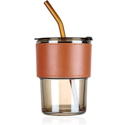 Premium Ribbed Glass Cup with Faux Leather Sleeve | Leakproof Lid | Reusable Drinking Cup with Straw | Elegant Travel Glass Tumbler