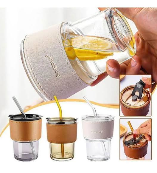 Premium Ribbed Glass Cup with Faux Leather Sleeve | Leakproof Lid | Reusable Drinking Cup with Straw | Elegant Travel Glass Tumbler