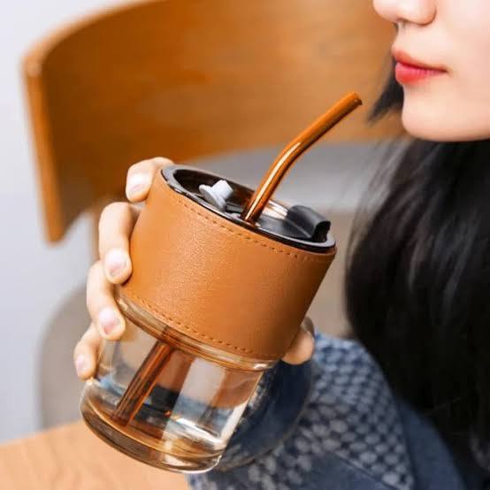 Premium Ribbed Glass Cup with Faux Leather Sleeve | Leakproof Lid | Reusable Drinking Cup with Straw | Elegant Travel Glass Tumbler